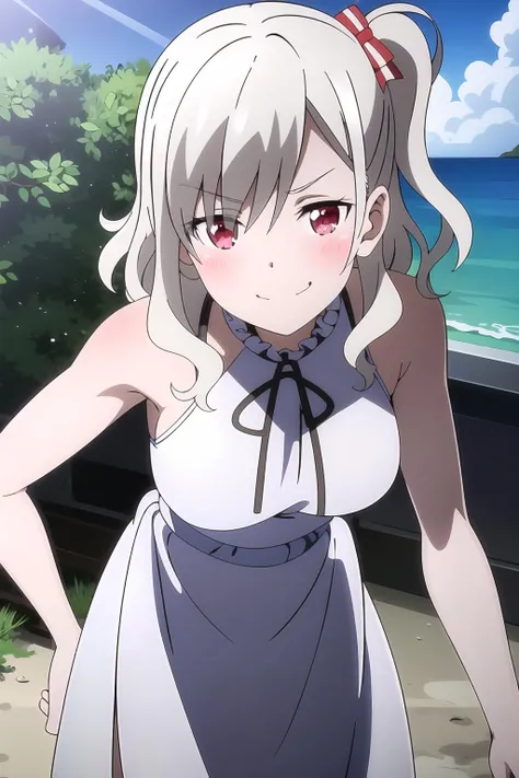 (anime art style:0.5), 2d, masterpiece, best quality, very aesthetic, absurdres, dynamic shadows, atmosferic, alisa_mikhailovna, (1girl), (grey hair), long hair, blue eyes, detailed eyes, ahoge, hair between eyes, bangs, medium breasts, curvy body, makeup, ((intense blush)), cleavage, collarbone, (sexy smile), red hair ribbon, black lingerie, lace-trimmed lingerie, nightgown, see-throught, sexy smile, (upper body), wariza, (v), looking at viewer, grass, clouds, sky