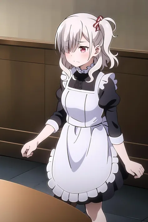 masterpiece, key visual, 1girl, hair over one eye, medium hair, azuzu_komagome, maid dress