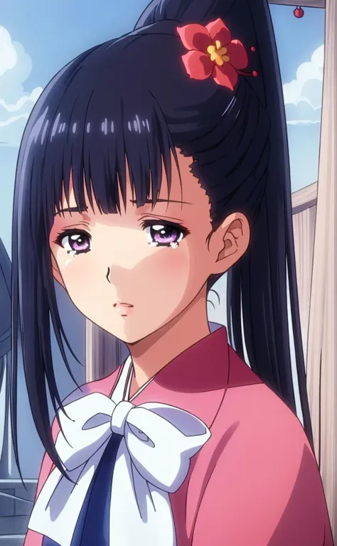 (masterpiece,best quality,beautiful eyes,high resolution:1.2),(japanese shrine,blue sky:1.3), blush, black hair, closed eyes, ponytail, tears, long hair, bangs, sad, lips,solo, hair ornament, black hair, flower, purple eyes, hair flower, ponytail, bow, long hair,bowtie,<lora:ayame:0.75>,