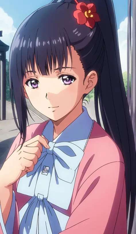 (masterpiece,best quality,beautiful eyes,high resolution:1.2),(japanese shrine,blue sky:1.3),V-sign,peace sign,looking at viewer,solo, hair ornament, black hair, flower, purple eyes, hair flower, ponytail, bow, long hair, smile, bowtie,<lora:ayame:0.75>,