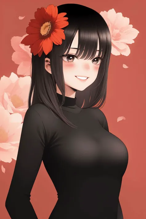 upper body, solo, 1girl, looking afar, smile, blush, large breasts, compression shirt, no light, Godetia \(flower\), floral background <lora:fukuda_shinichi_style_v01:1>