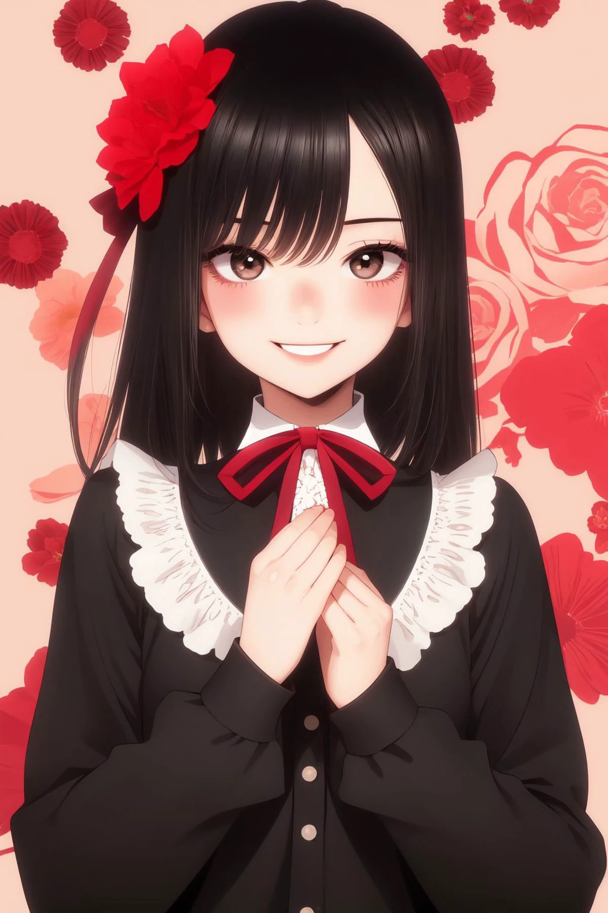 upper body, solo, 1girl, looking at another, smile, blush, flat chest, shirt, dim light, Red Ribbons \(flower\), floral background <lora:fukuda_shinichi_style_v01:1>
