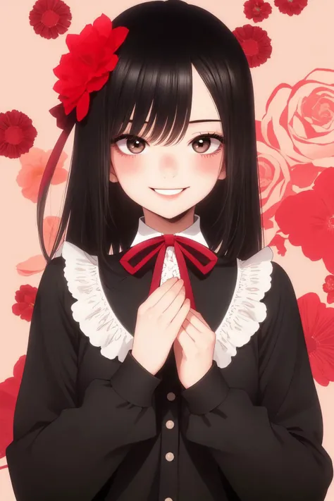 upper body, solo, 1girl, looking at another, smile, blush, flat chest, shirt, dim light, Red Ribbons \(flower\), floral background <lora:fukuda_shinichi_style_v01:1>