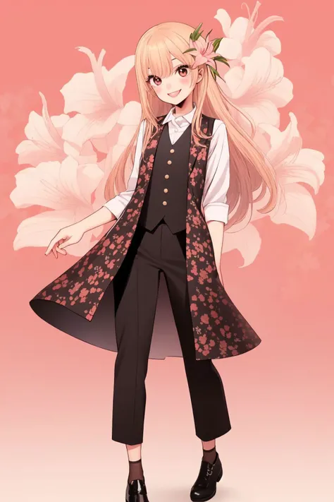 full body, solo, 1girl, looking at another, smile, blush, flat chest, waistcoat, backlighting, Nerine Lily \(flower\), floral background <lora:fukuda_shinichi_style_v01:1>
