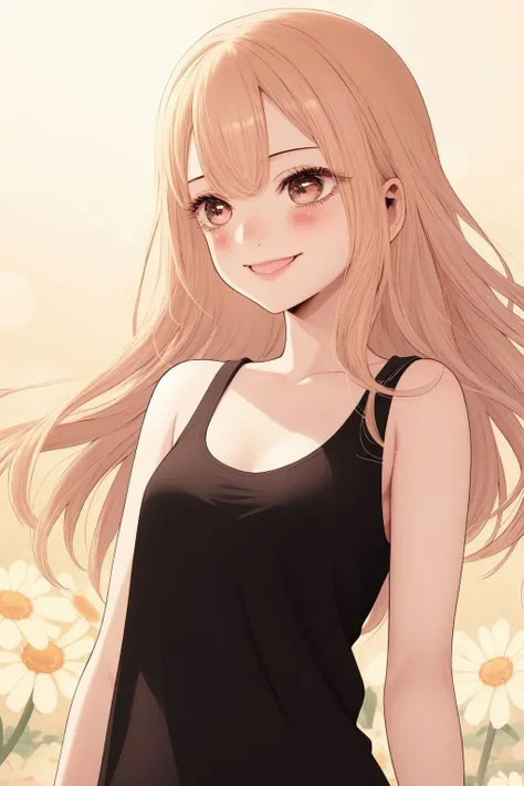 portrait, solo, 1girl, looking away, smile, blush, small breasts, tank top, lens flare, Common Yarrow \(flower\), floral background <lora:fukuda_shinichi_style_v01:1>