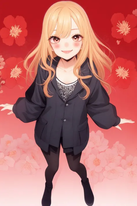 full body, solo, 1girl, looking up, smile, blush, flat chest, safari jacket, bright, Nerine \(flower\), floral background <lora:fukuda_shinichi_style_v01:1>