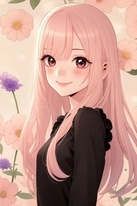 upper body, solo, 1girl, looking at another, smile, blush, small breasts, sukajan, frontlighting, Hanging Helicona \(flower\), floral background <lora:fukuda_shinichi_style_v01:1>