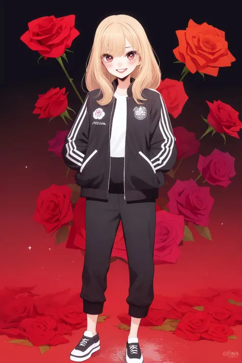 full body, solo, 1girl, looking afar, smile, blush, flat chest, letterman jacket, glitter particles, Rose Osiana \(flower\), floral background <lora:fukuda_shinichi_style_v01:1>