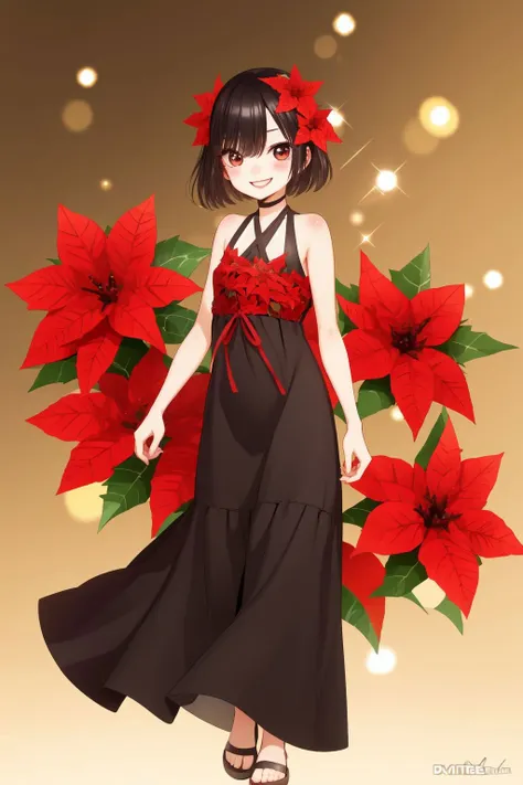 full body, solo, 1girl, looking afar, smile, blush, flat chest, halterneck, lens flare, Summer poinsettia \(flower\), floral background <lora:fukuda_shinichi_style_v01:1>