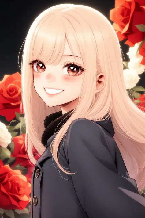 upper body, solo, 1girl, looking ahead, smile, blush, small breasts, peacoat, backlighting, Rose Lady Liberty \(flower\), floral background <lora:fukuda_shinichi_style_v01:1>