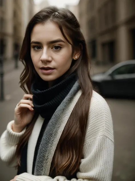 <lora:l1lyc0:1>, Realistic photo of a beautiful l1lyc0 woman, 1girl, solo, long hair, simple background, brown hair, long sleeves, jewelry, upper body, grey background, scarf, black eyes, lips, hands up, ring, own hands together, realistic, soft lighting, professional Photography, Photorealistic, detailed, RAW, analog, sharp focus, 8k, HD, DSLR, high quality, Fujifilm XT3, film grain, award winning, masterpiece