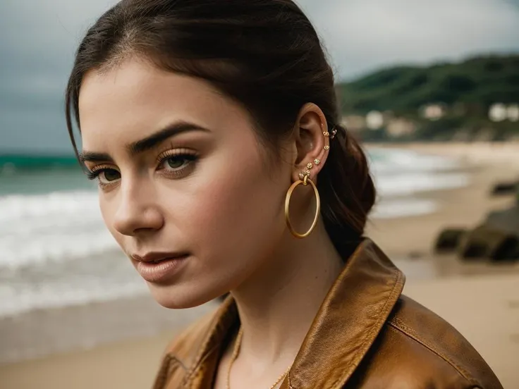<lora:l1lyc0:1>, Realistic photo of a beautiful l1lyc0 woman, solo, brown hair, brown eyes, jewelry, sitting, earrings, outdoors, parted lips, day, bracelet, lips, beach, hoop earrings, realistic, soft lighting, professional Photography, Photorealistic, detailed, RAW, analog, sharp focus, 8k, HD, DSLR, high quality, Fujifilm XT3, film grain, award winning, masterpiece
