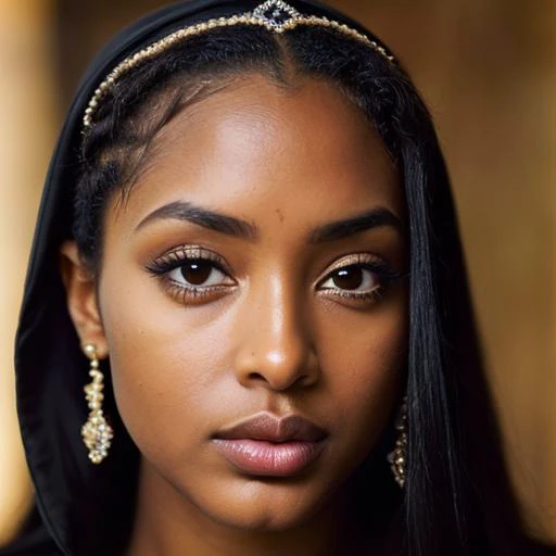 Beautiful Somali girl with nude lips looks to the camera. Stunning black girl. Young beautiful woman with a jet-black skin. Symmetric face, symmetric eyes. Pretty woman with bright makeup of eyes.