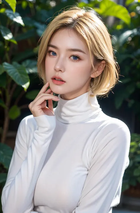 Blonde 20 year old girl，With short pixie hair，Bigchest，Wear a soft white turtleneck sweater, hoop earings, Happy, Newspaper background,, full bodyesbian