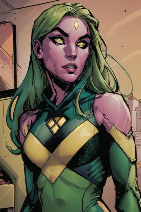 This Gamora costume features a patterned shirt with attached white mesh neckline and waistline. It also has fine green mesh that matches Gamora's skin tone for the sleeves. Matching your face and hands to the costume should be simple with body