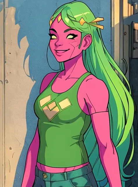 best quality, (masterpiece),(ultra-detailed), (high quality), (high resolution),  <lora:viv-10:0.7>,1girl, animification, colored skin, denim, green hair, hair ornament, long hair, meme, no pupils, pants, pink skin, shiny, smile, solo, tank top, viv vision, white background