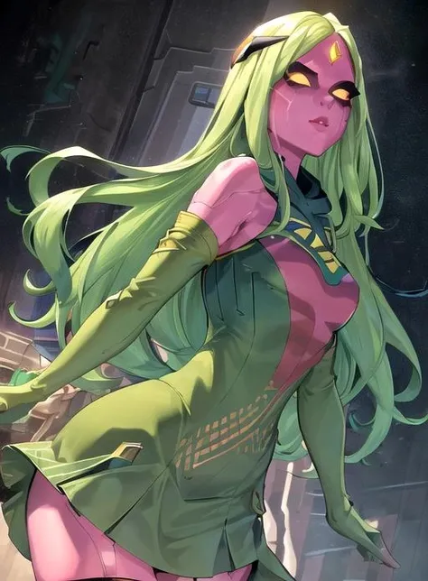best quality, (masterpiece),(ultra-detailed), (high quality), (high resolution), <lora:viv-10:0.7>,1girl, bare shoulders, colored sclera, colored skin, forehead jewel, gloves, green hair, green skin, hood, long hair, looking at viewer, no pupils, pink skin, solo, viv vision,robot girl,