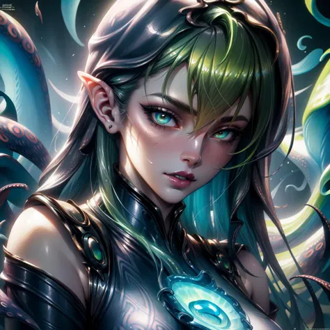<lora:fantasyAI-000008:0.6> , woman with green hair, (Artgerm inspired:1.2), (pixiv contest winner:1.1), (octopus goddess:1.3), (Berserk art style:1.2), close-up portrait, gl0w1ngR, <lora:gl0w1ngR3(1)Civit:0.6>, see-through leotard, <lora:see-through leotard:0.9>, <lora:add_detail:0.4>, <lora:NijiExpressV2:0.5>, masterpiece, best quality, highly detailed, (8k), (4k), HDR, beautiful detailed girl, beautiful detailed face, beautiful detailed eyes, perfect shadow, masterpiece, best quality, perfect skin, shiny skin, perfect hands, perfect girl,