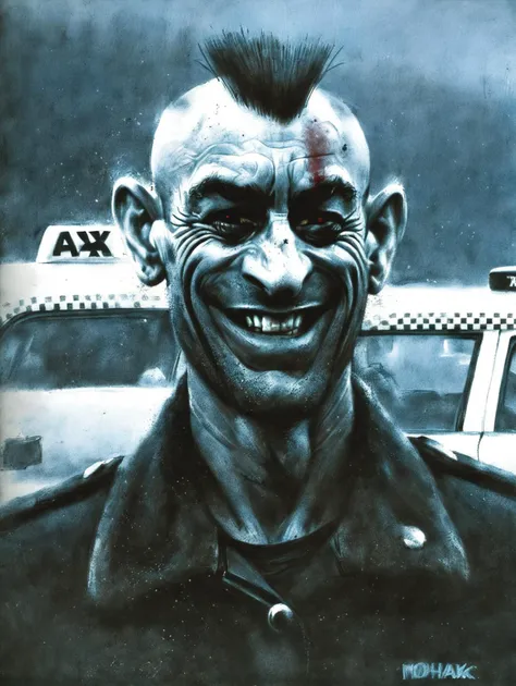 kru3ger_style pencil sketch of 80 year old (Robert De Niro:1.3) , monochromatic, smirking, taxi driver. mohawk, new york in the background, Loving Alluring (Aunt:1.2) , Clerk, wearing [Alabaster:Jelly:5] robe, Look into the Distance, (best quality) , (masterpiece:1.3) , Movie still, Peaceful, F/14, desaturated <lora:add-detail-xl:-1> <lora:sk-kru3ger_style:0.6>