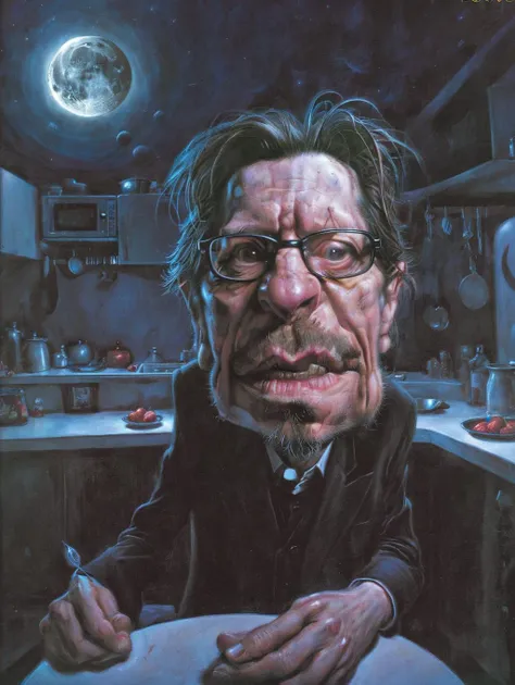 kru3ger_style, portrait,close up of a Simple petite Gary Oldman visiting Kitchen, Moon in the night, equirectangular 360, Embarrassing, surreal, 800mm lens, League of Legends Splash Art, 
 <lora:sebastiankrueger-kru3ger_style-000008:0.75>