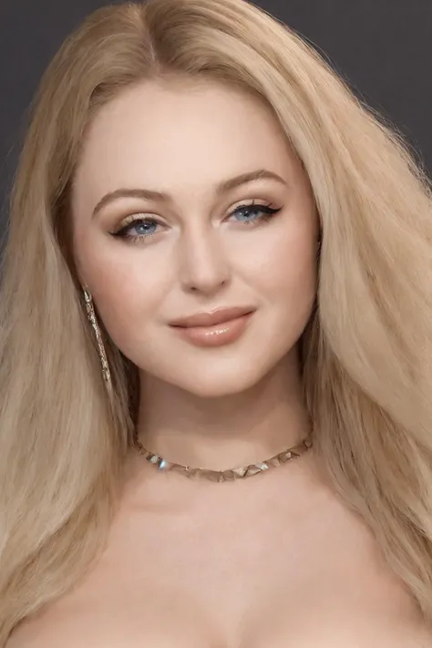 portrait of a luxurious woman, evening dress, large neckline, <lora:IskraLawrence:0.9>, natural beauty, cute face, smile, amazing body, blond yellow lush grand longest curly hairstyle, pin-up, voluptuous eyes, flat belly, plus size, perfect ideal smooth skin, epic sky background