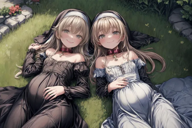 (best quality,masterpiece,8k,highly detailed:1.3),
<lora:add_detail:1.5>,
<lora:PregnantHarem:0.7>, (pregnant:1.3), multiple girls, (3girls:1.1),(3 lying mature very pregnant playful holy women best friends relaxing lying on lawn in garden,older sister:1.5),cute,(hands behind back,staring hopefully up at viewer:1.8),
<lora:Nun:0.7>, (nun,nun attire:1.1),(fully clothed:1.4),(lying on back,looking up at viewer,facing viewer,smile,from above:1.2),(small breasts, medium breasts:1.4),<lora:metalCollar:0.4>,( wearing metal collar with christian symbol:1.1),
in beautiful monastery garden,relaxing,(long hair:1.2),<lora:pregnantveiny_FP16_Gtonero:0.5>