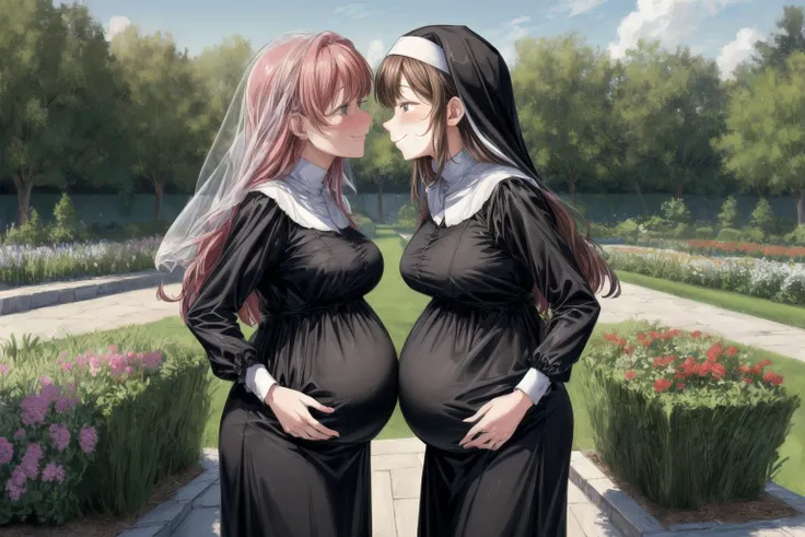 (best quality,masterpiece,8k,highly detailed,perfect face:1.3),
<lora:add_detail:1.2>,
<lora:PregnantHarem:0.7>, (pregnant:1.3), (group of multiple girls:1.3), (3girls:1.1),(mature,adult:1.7),(endearing group family photo of 3 mature very pregnant playful holy women of different heights standing in garden,age difference,milf:1.6),cute,(excitedly showing off clothed pregnant belly:1.5),(yuri kiss:1.6),
<lora:Nun:0.7>, (nun,nun attire:1.15),fully clothed,(standing,smile:1.2),(medium breasts,long hair,short hair:1.3),
in beautiful monastery garden,<lora:pregnantveiny_FP16_Gtonero:0.5> , <lora:npmathilda:0.4>