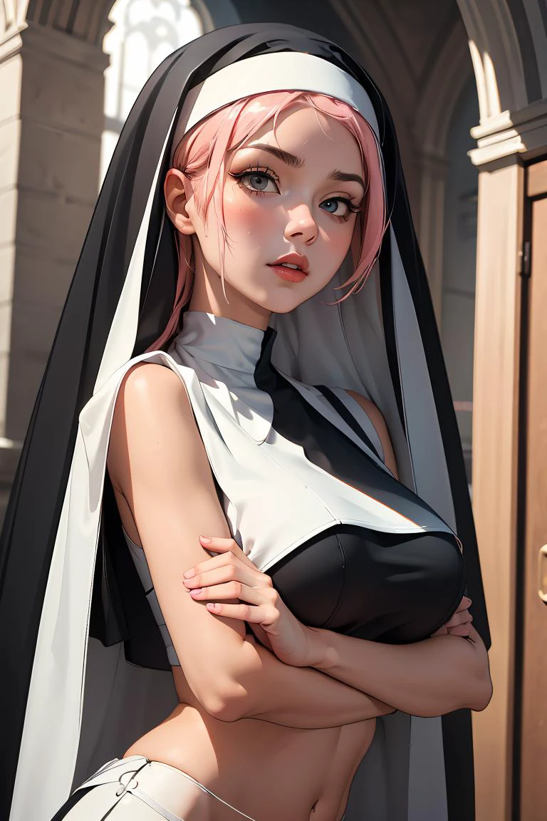 (masterpiece, best quality), 1girl, Salmon Textured Crop with Skin Fade, Size A breasts, <lora:Nun:1> nun