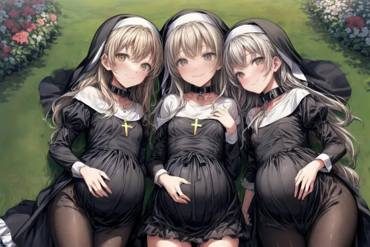 (best quality,masterpiece,8k,highly detailed:1.3),
<lora:add_detail:1.5>,
<lora:PregnantHarem:0.7>, (pregnant:1.3), multiple girls, (3girls:1.1),(mature,adult:1.7),(3 lying mature very pregnant playful holy women best friends standing in garden,older sister:1.6),cute,(staring hopefully up mischievously at viewer:1.7),
<lora:Nun:0.7>, (nun,nun attire:1.1),(fully clothed:1.4),(standing,looking up at viewer,facing viewer,smile,from above:1.2),(small breasts, medium breasts:1.4),<lora:metalCollar:0.4>,( wearing metal collar with christian symbol:1.1),
in beautiful monastery garden,(long hair:1.2),<lora:pregnantveiny_FP16_Gtonero:0.5>