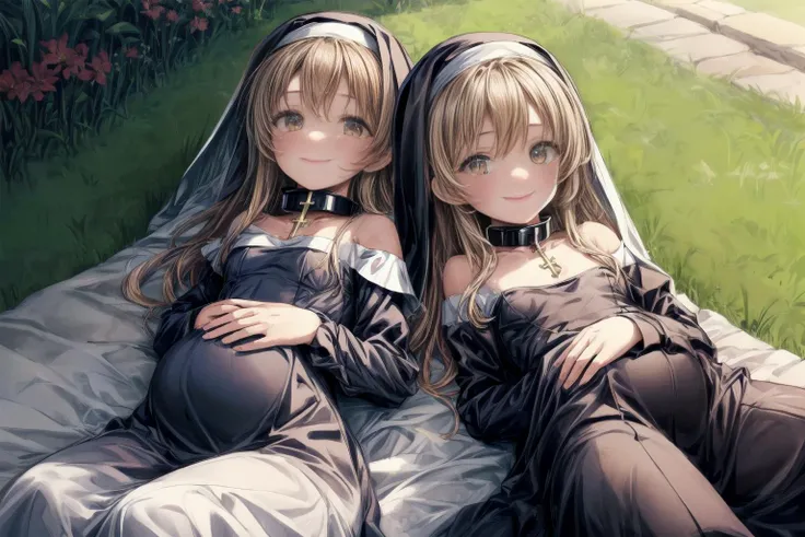 (best quality,masterpiece,8k,highly detailed:1.3),
<lora:add_detail:1.5>,
<lora:PregnantHarem:0.7>, (pregnant:1.3), multiple girls, (3girls:1.1),(3 lying mature very pregnant playful holy women best friends relaxing lying on lawn in garden,older sister:1.5),cute,(hands behind back,staring hopefully up at viewer:1.8),
<lora:Nun:0.7>, (nun,nun attire:1.1),(fully clothed:1.4),(lying on back,looking up at viewer,facing viewer,smile,from above:1.2),(small breasts, medium breasts:1.4),<lora:metalCollar:0.4>,( wearing metal collar with christian symbol:1.1),
in beautiful monastery garden,relaxing,(long hair:1.2),<lora:pregnantveiny_FP16_Gtonero:0.5>