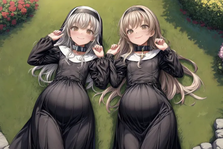 (best quality,masterpiece,8k,highly detailed:1.3),
<lora:add_detail:1.5>,
<lora:PregnantHarem:0.7>, (pregnant:1.3), multiple girls, (3girls:1.1),(mature,adult:1.7),(3 lying mature very pregnant playful holy women best friends standing in garden,older sister:1.6),cute,(staring hopefully up mischievously at viewer:1.7),
<lora:Nun:0.7>, (nun,nun attire:1.1),(fully clothed:1.4),(standing,looking up at viewer,facing viewer,smile,from above:1.2),(small breasts, medium breasts:1.4),<lora:metalCollar:0.4>,( wearing metal collar with christian symbol:1.1),
in beautiful monastery garden,(long hair:1.2),<lora:pregnantveiny_FP16_Gtonero:0.5>