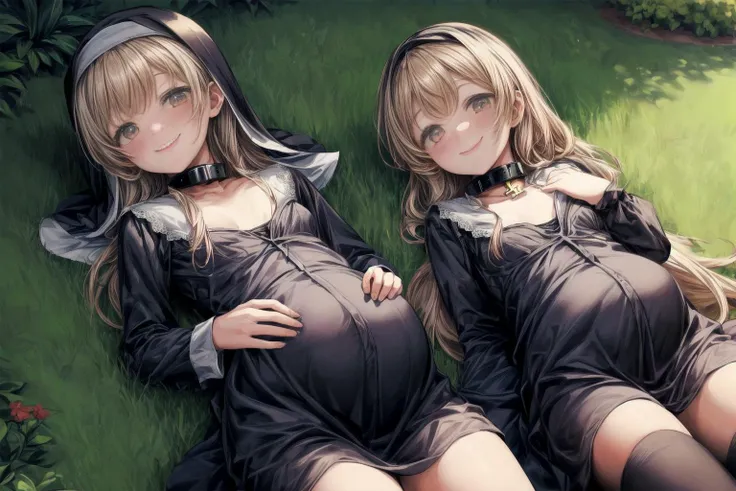 (best quality,masterpiece,8k,highly detailed:1.3),
<lora:add_detail:1.5>,
<lora:PregnantHarem:0.7>, (pregnant:1.3), multiple girls, (3girls:1.1),(3 lying mature very pregnant playful holy women best friends relaxing lying on lawn in garden,older sister:1.5),cute,(hands behind back,staring hopefully up at viewer:1.8),
<lora:Nun:0.7>, (nun,nun attire:1.1),(fully clothed:1.4),(lying on back,looking up at viewer,facing viewer,smile,from above:1.2),(small breasts, medium breasts:1.4),<lora:metalCollar:0.4>,( wearing metal collar with christian symbol:1.1),
in beautiful monastery garden,relaxing,(long hair:1.2),<lora:pregnantveiny_FP16_Gtonero:0.5>