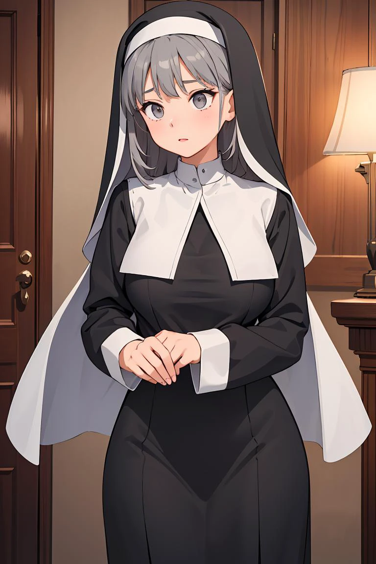 (masterpiece, best quality), 1girl, Slate gray Classic Brushed Up Hair, Size C breasts, <lora:Nun:1> nun