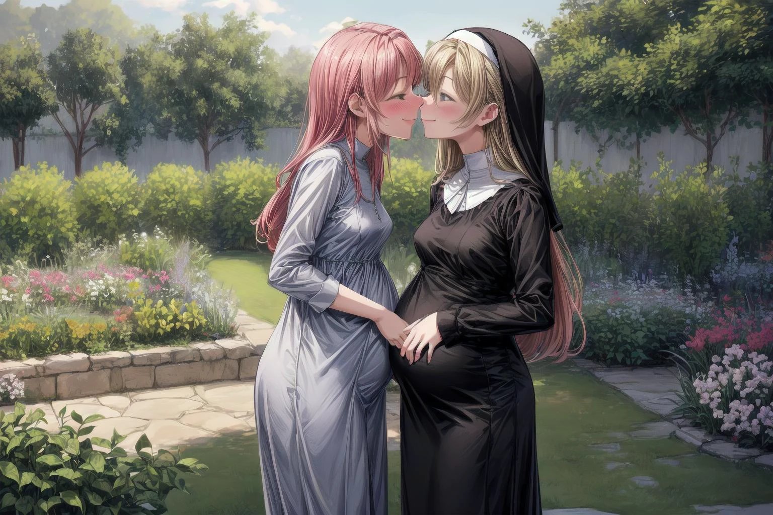 (best quality,masterpiece,8k,highly detailed,perfect face:1.3),
<lora:add_detail:1.2>,
<lora:PregnantHarem:0.7>, (pregnant:1.3), (group of multiple girls:1.3), (3girls:1.1),(mature,adult:1.7),(endearing group family photo of 3 mature very pregnant playful holy women of different heights standing in garden,age difference,milf:1.6),cute,(excitedly showing off clothed pregnant belly:1.5),(yuri kiss:1.6),
<lora:Nun:0.7>, (nun,nun attire:1.15),fully clothed,(standing,smile:1.2),(medium breasts,long hair,short hair:1.3),
in beautiful monastery garden,<lora:pregnantveiny_FP16_Gtonero:0.5> , <lora:npmathilda:0.4>
