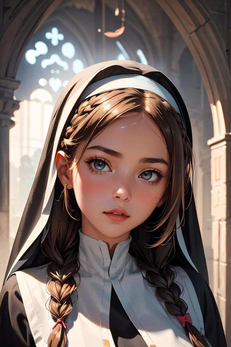 (masterpiece, best quality), 1girl, Terra cotta Boho Braid with Feather Hair Clip, Size B breasts, <lora:Nun:1> nun