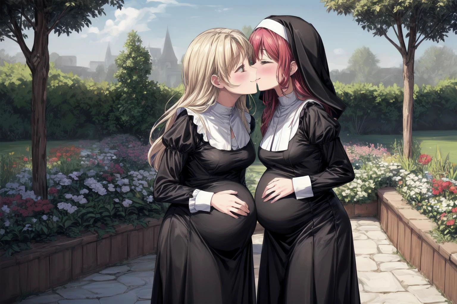 (best quality,masterpiece,8k,highly detailed,perfect face:1.3),
<lora:add_detail:1.2>,
<lora:PregnantHarem:0.7>, (pregnant:1.3), (group of multiple girls:1.3), (3girls:1.1),(mature,adult:1.7),(endearing group family photo of 3 mature very pregnant playful holy women of different heights standing in garden,age difference,milf:1.6),cute,(excitedly showing off clothed pregnant belly:1.5),(yuri kiss:1.6),
<lora:Nun:0.7>, (nun,nun attire:1.15),fully clothed,(standing,smile:1.2),(medium breasts,long hair,short hair:1.3),
in beautiful monastery garden,<lora:pregnantveiny_FP16_Gtonero:0.5> , <lora:npmathilda:0.4>