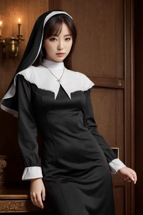 (masterpiece, best quality, hires, high resolution:1.2), extremely detailed, intricate details, highres, woman, full body, nun, 1girl, long sleeves, jewelry, capelet, <lora:Nun:1>