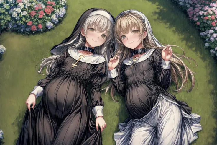 (best quality,masterpiece,8k,highly detailed:1.3),
<lora:add_detail:1.5>,
<lora:PregnantHarem:0.7>, (pregnant:1.3), multiple girls, (3girls:1.1),(mature,adult:1.7),(3 lying mature very pregnant playful holy women best friends standing in garden,older sister:1.6),cute,(staring hopefully up mischievously at viewer:1.7),
<lora:Nun:0.7>, (nun,nun attire:1.1),(fully clothed:1.4),(standing,looking up at viewer,facing viewer,smile,from above:1.2),(small breasts, medium breasts:1.4),<lora:metalCollar:0.4>,( wearing metal collar with christian symbol:1.1),
in beautiful monastery garden,(long hair:1.2),<lora:pregnantveiny_FP16_Gtonero:0.5>