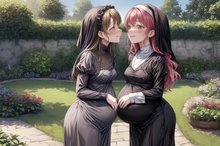 (best quality,masterpiece,8k,highly detailed,perfect face:1.3),
<lora:add_detail:1.2>,
<lora:PregnantHarem:0.7>, (pregnant:1.3), (group of multiple girls:1.3), (3girls:1.1),(mature,adult:1.7),(endearing group family photo of 3 mature very pregnant playful holy women of different heights standing in garden,age difference,milf:1.6),cute,(excitedly showing off clothed pregnant belly:1.5),(yuri kiss:1.6),
<lora:Nun:0.7>, (nun,nun attire:1.15),fully clothed,(standing,smile:1.2),(medium breasts,long hair,short hair:1.3),
in beautiful monastery garden,<lora:pregnantveiny_FP16_Gtonero:0.5> , <lora:npmathilda:0.4>