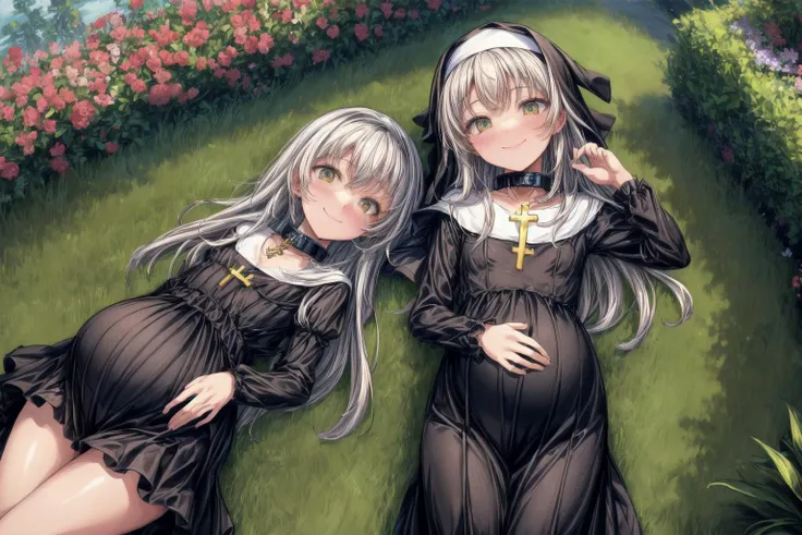(best quality,masterpiece,8k,highly detailed:1.3),
<lora:add_detail:1.5>,
<lora:PregnantHarem:0.7>, (pregnant:1.3), multiple girls, (3girls:1.1),(mature,adult:1.7),(3 lying mature very pregnant playful holy women best friends standing in garden,older sister:1.6),cute,(staring hopefully up mischievously at viewer:1.7),
<lora:Nun:0.7>, (nun,nun attire:1.1),(fully clothed:1.4),(standing,looking up at viewer,facing viewer,smile,from above:1.2),(small breasts, medium breasts:1.4),<lora:metalCollar:0.4>,( wearing metal collar with christian symbol:1.1),
in beautiful monastery garden,(long hair:1.2),<lora:pregnantveiny_FP16_Gtonero:0.5>