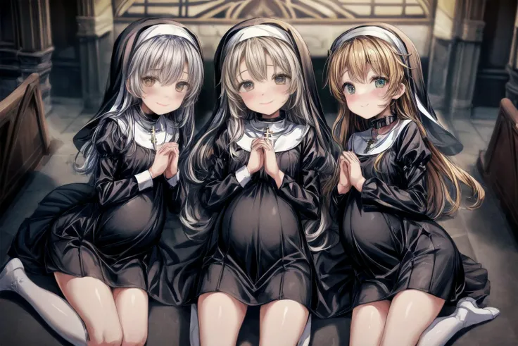 (best quality,masterpiece,8k,highly detailed:1.3),
<lora:add_detail:1.5>,
<lora:PregnantHarem:0.7>, (pregnant:1.3), multiple girls, (3girls:1.1),(3 lying mature very pregnant playful holy women best friends kneeling in church,older sister:1.5),cute,(staring hopefully up at viewer,praying, own hands together:1.5),
<lora:Nun-10:0.7>, (nun,nun attire:1.1),(fully clothed:1.4),(kneeling,looking up at viewer,facing viewer,smile,from above:1.2),(small breasts, medium breasts:1.4),<lora:metalCollar:0.4>,( wearing metal collar with christian symbol:1.1),
in beautiful church,(long hair:1.2),<lora:pregnantveiny_FP16_Gtonero:0.5> ,<lora:praying-1:0.4>