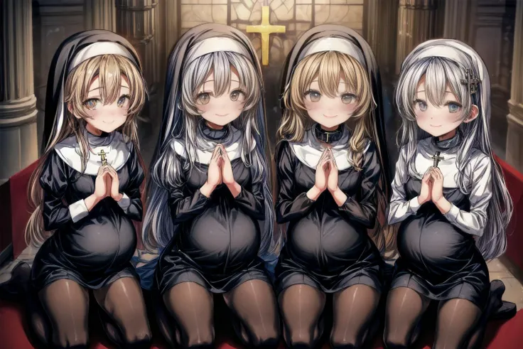(best quality,masterpiece,8k,highly detailed:1.3),
<lora:add_detail:1.5>,
<lora:PregnantHarem:0.7>, (pregnant:1.3), multiple girls, (3girls:1.1),(mature,adult:1.7),(3 lying mature very pregnant playful holy women best friends kneeling in church,older sister:1.6),cute,(staring hopefully up at viewer,praying, own hands together:1.7),
<lora:Nun-10:0.7>, (nun,nun attire:1.1),(fully clothed:1.4),(kneeling,looking up at viewer,facing viewer,smile,from above:1.2),(small breasts, medium breasts:1.4),<lora:metalCollar:0.4>,( wearing metal collar with christian symbol:1.1),
in beautiful church,(long hair:1.2),<lora:pregnantveiny_FP16_Gtonero:0.5> ,<lora:praying-1:0.4>