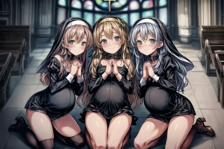 (best quality,masterpiece,8k,highly detailed:1.3),
<lora:add_detail:1.5>,
<lora:PregnantHarem:0.7>, (pregnant:1.3), multiple girls, (3girls:1.1),(mature,adult:1.7),(3 lying mature very pregnant playful holy women best friends kneeling in church,older sister:1.6),cute,(staring hopefully up at viewer,praying, own hands together:1.7),
<lora:Nun-10:0.7>, (nun,nun attire:1.1),(fully clothed:1.4),(kneeling,looking up at viewer,facing viewer,smile,from above:1.2),(small breasts, medium breasts:1.4),<lora:metalCollar:0.4>,( wearing metal collar with christian symbol:1.1),
in beautiful church,(long hair:1.2),<lora:pregnantveiny_FP16_Gtonero:0.5> ,<lora:praying-1:0.4>