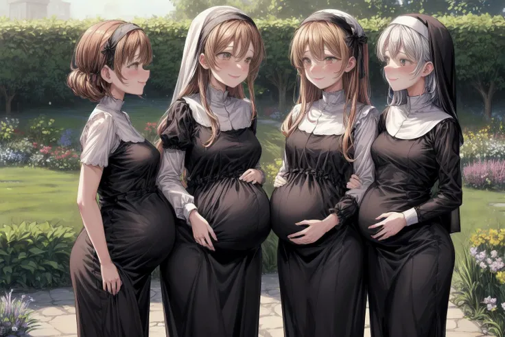 (best quality,masterpiece,8k,highly detailed,perfect face:1.3),
<lora:add_detail:1.2>,
<lora:PregnantHarem:0.7>, (pregnant:1.3), (group of multiple girls:1.3), (3girls:1.1),(mature,adult:1.7),(endearing group family photo of 3 mature very pregnant playful holy women of different heights standing in garden,age difference,milf:1.6),cute,(excitedly showing off clothed pregnant belly:1.5),(yuri kiss:1.6),
<lora:Nun-10:0.7>, (nun,nun attire:1.15),fully clothed,(standing,smile:1.2),(medium breasts,long hair,short hair:1.3),
in beautiful monastery garden,<lora:pregnantveiny_FP16_Gtonero:0.5> , <lora:yurikiss:0.4>
