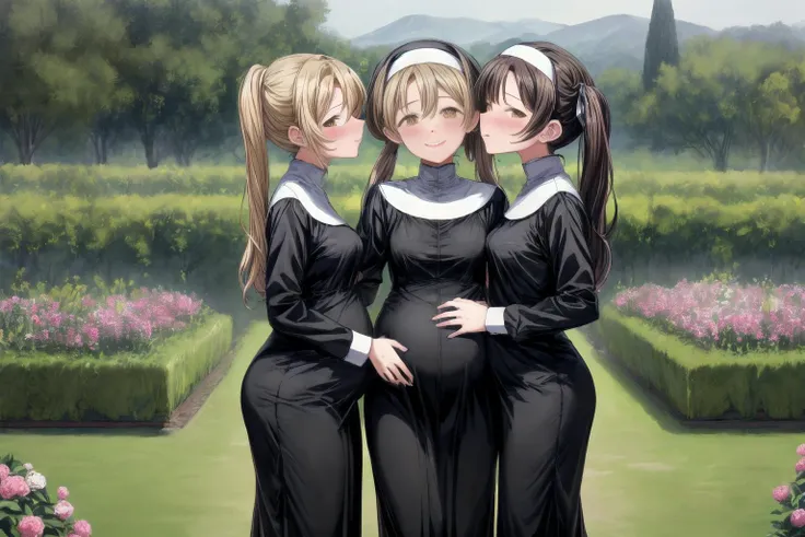 (best quality,masterpiece,8k,highly detailed:1.3),
<lora:add_detail:1.2>,
<lora:PregnantHarem:0.7>, (pregnant:1.3), (multiple girls:1.3), (3girls:1.1),(mature,adult:1.7),(endearing group family photo of 3 mature very pregnant playful holy women of different heights standing in garden,age difference,milf:1.6),cute,(excitedly showing off clothed pregnant belly:1.5),(yuri kiss:1.8),
<lora:Nun-10:0.7>, (nun,nun attire:1.25),(fully clothed:1.3),(standing,looking at viewer,facing viewer,smile:1.2),(medium breasts,long hair,pigtails:1.3),
in beautiful monastery garden,<lora:pregnantveiny_FP16_Gtonero:0.5> , <lora:yurikiss:0.4>