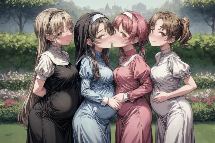 (best quality,masterpiece,8k,highly detailed:1.3),
<lora:add_detail:1.2>,
<lora:PregnantHarem:0.7>, (pregnant:1.3), multiple girls, (5girls:1.1),(mature,adult:1.7),(endearing group family photo of 5 mature very pregnant playful holy women of different heights standing in garden,age difference,milf:1.6),cute,(excitedly showing off clothed pregnant belly:1.5),(yuri kiss:1.8),
<lora:Nun-10:0.7>, (nun,nun attire:1.25),(fully clothed:1.3),(standing,looking at viewer,facing viewer,smile:1.2),(medium breasts,long hair,pigtails:1.3),
in beautiful monastery garden,<lora:pregnantveiny_FP16_Gtonero:0.5> , <lora:yurikiss:0.4>