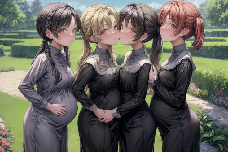 (best quality,masterpiece,8k,highly detailed:1.3),
<lora:add_detail:1.2>,
<lora:PregnantHarem:0.7>, (pregnant:1.3), (multiple girls:1.3), (3girls:1.1),(mature,adult:1.7),(endearing group family photo of 3 mature very pregnant playful holy women of different heights standing in garden,age difference,milf:1.6),cute,(excitedly showing off clothed pregnant belly:1.5),(yuri kiss:1.8),
<lora:Nun-10:0.7>, (nun,nun attire:1.25),(fully clothed:1.3),(standing,looking at viewer,facing viewer,smile:1.2),(medium breasts,long hair,pigtails:1.3),
in beautiful monastery garden,<lora:pregnantveiny_FP16_Gtonero:0.5> , <lora:yurikiss:0.4>