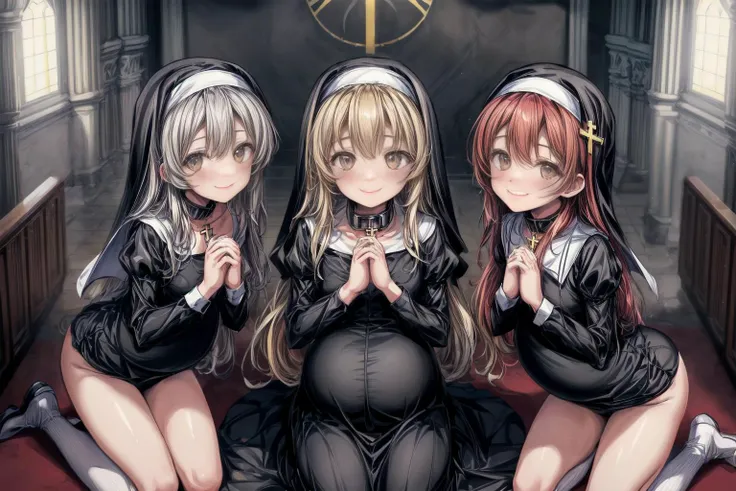 (best quality,masterpiece,8k,highly detailed:1.3),
<lora:add_detail:1.5>,
<lora:PregnantHarem:0.7>, (pregnant:1.3), multiple girls, (3girls:1.1),(mature,adult:1.7),(3 lying mature very pregnant playful holy women best friends kneeling in church,older sister:1.6),cute,(staring hopefully up at viewer,praying, own hands together:1.7),
<lora:Nun-10:0.7>, (nun,nun attire:1.1),(fully clothed:1.4),(kneeling,looking up at viewer,facing viewer,smile,from above:1.2),(small breasts, medium breasts:1.4),<lora:metalCollar:0.4>,( wearing metal collar with christian symbol:1.1),
in beautiful church,(long hair:1.2),<lora:pregnantveiny_FP16_Gtonero:0.5> ,<lora:praying-1:0.4>