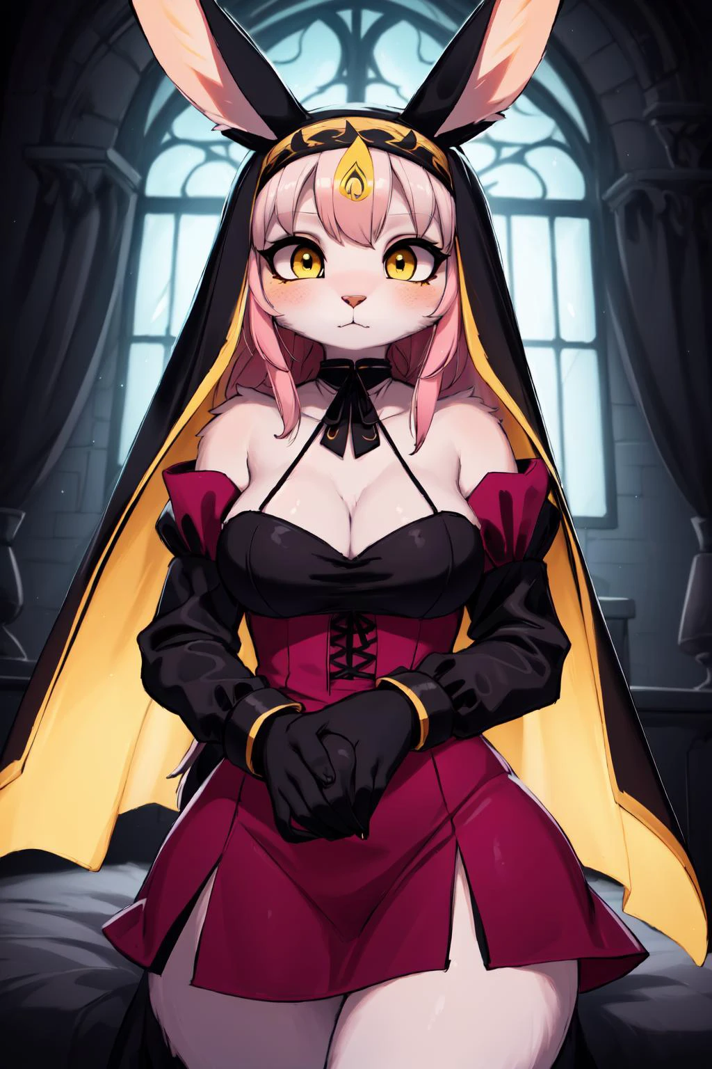 (masterpiece:1.2), (best quality:1.2), (intricate:1.2), (highly detailed:1.2), (sharp:1.2), (8k:1.2), (highres:1.2),
anthro rabbit nun, pink dress, (yellow headdress:1.3), holding hands, worried face, long rabbit ears, (detailed white fur), looking at viewer
cinematic lighting, vivid colors <lora:Nun-10:0.7> <lora:ARWBedroomGothic:1> gothic, bedroomgothic