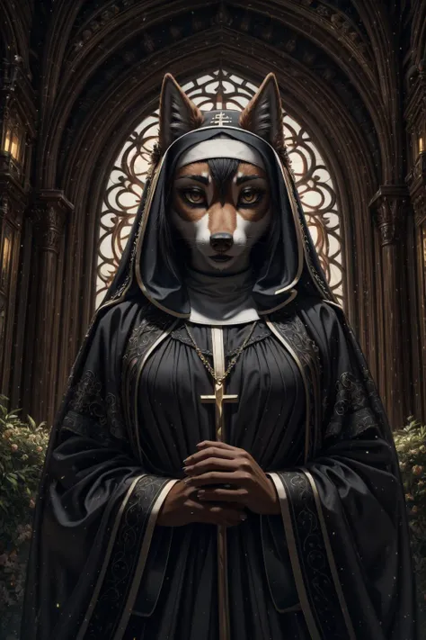 (masterpiece:1.2), (best quality:1.2), (intricate:1.2), (highly detailed:1.2), (sharp:1.2), (8k:1.2), (highres:1.2),
anthro wolf nun
cinematic lighting, vivid colors <lora:Nun-10:1> <lora:ARWBedroomGothic:1> gothic, bedroomgothic